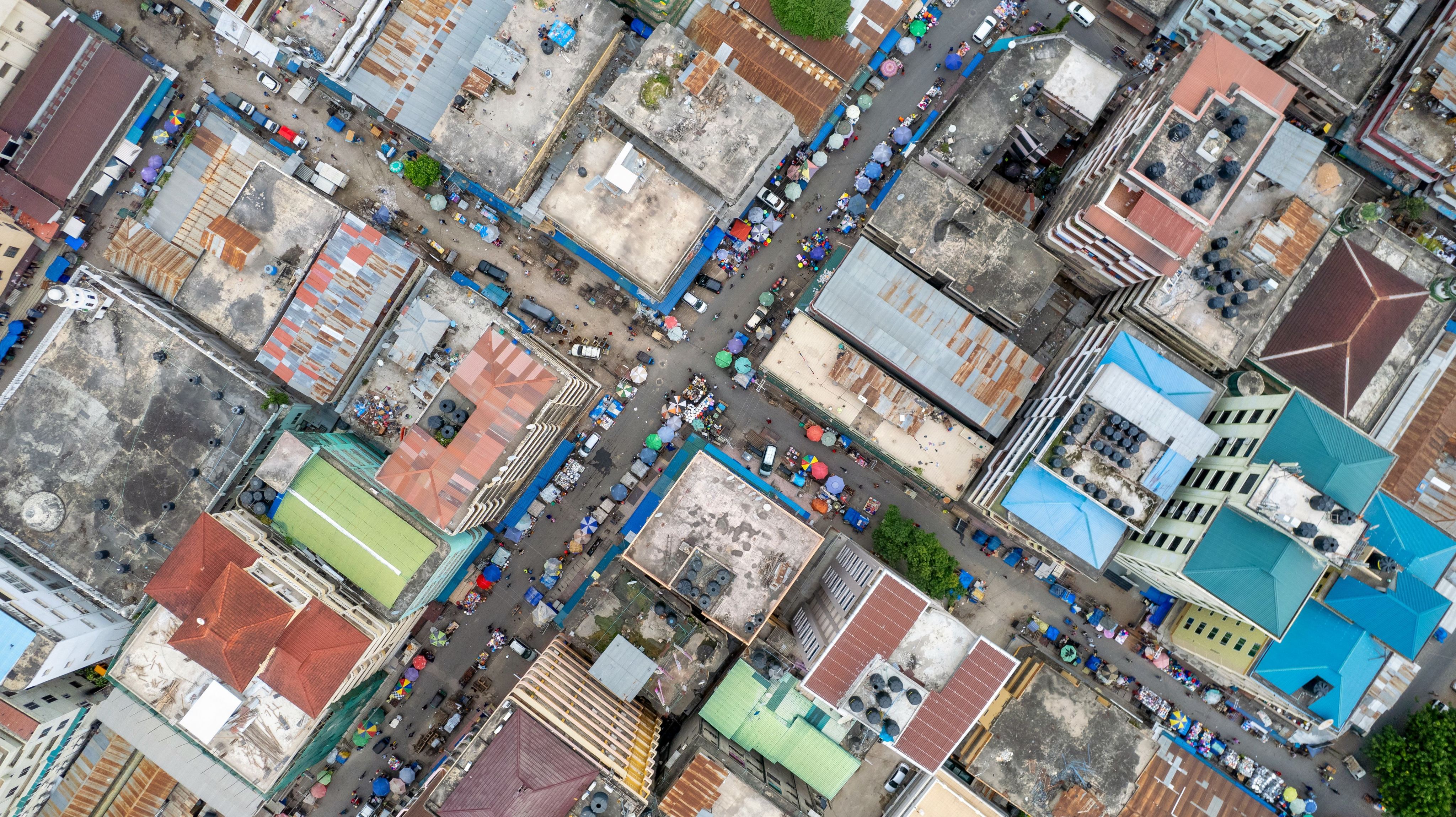 Aerial/drone perspective of a neighborhood in Dar es Salaam