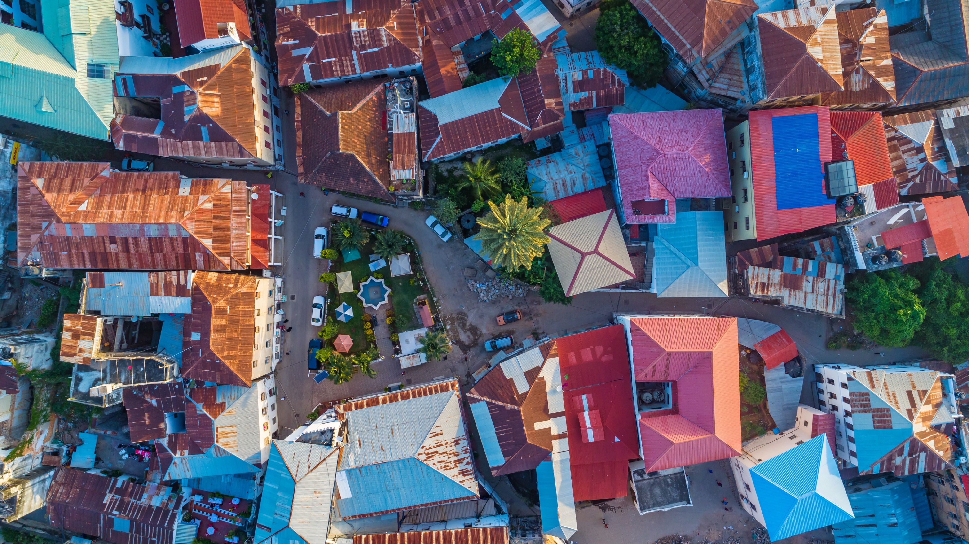 Drone perspective of a neighborhood in Dar es Salaam, Tanzania