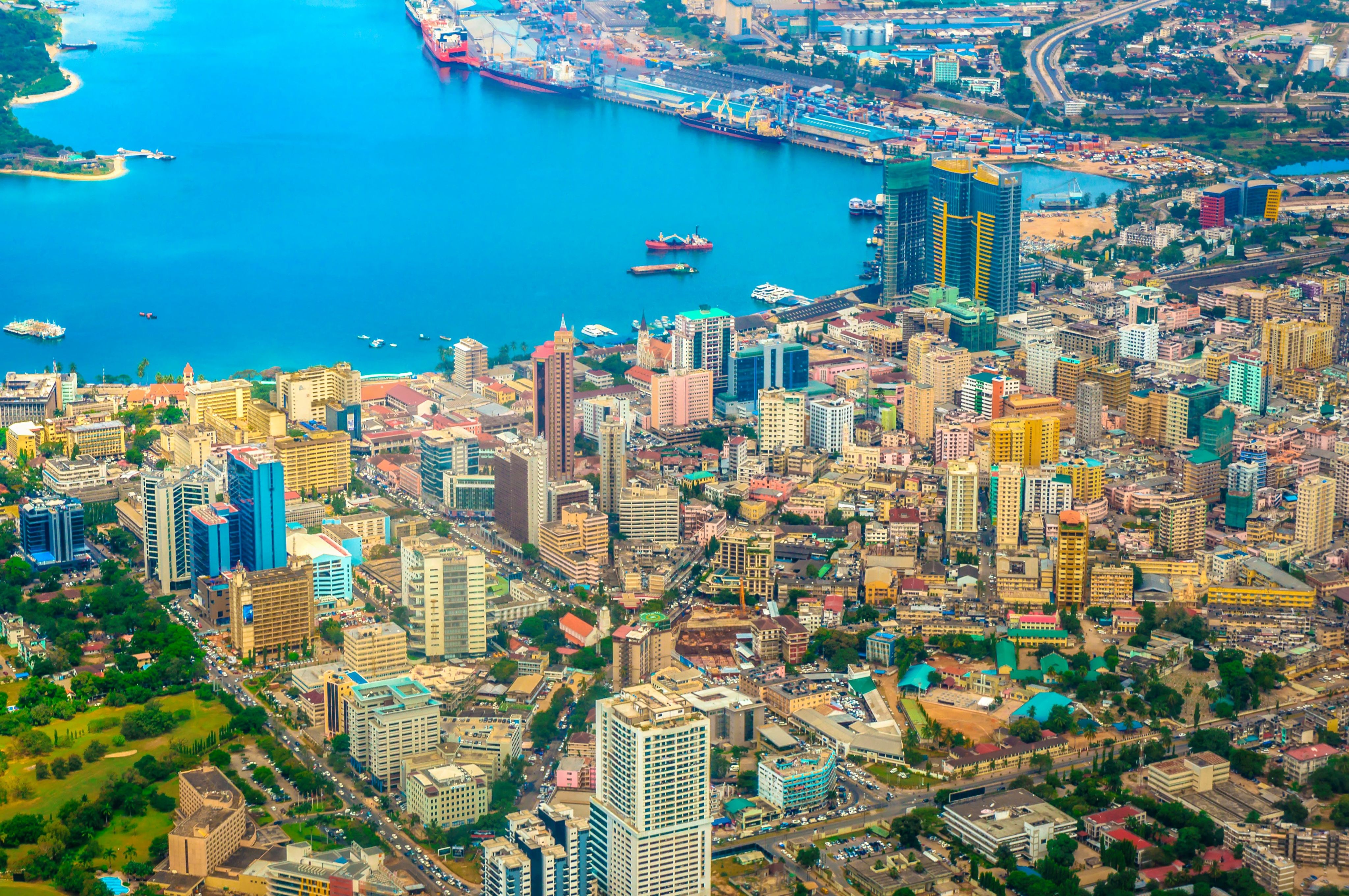 Aerial view of Dar es Salaam and its port.