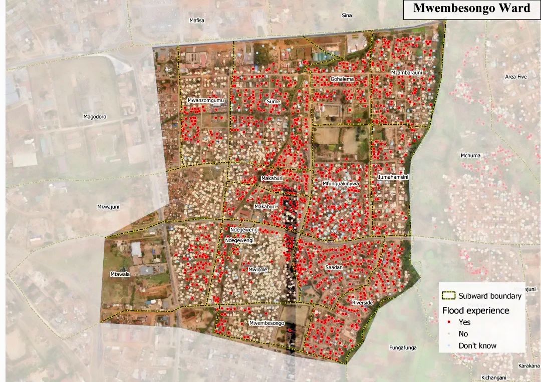 A map showing community responses on flood experience, Mwembesongo ward, Morogoro, Dar es Salaam.