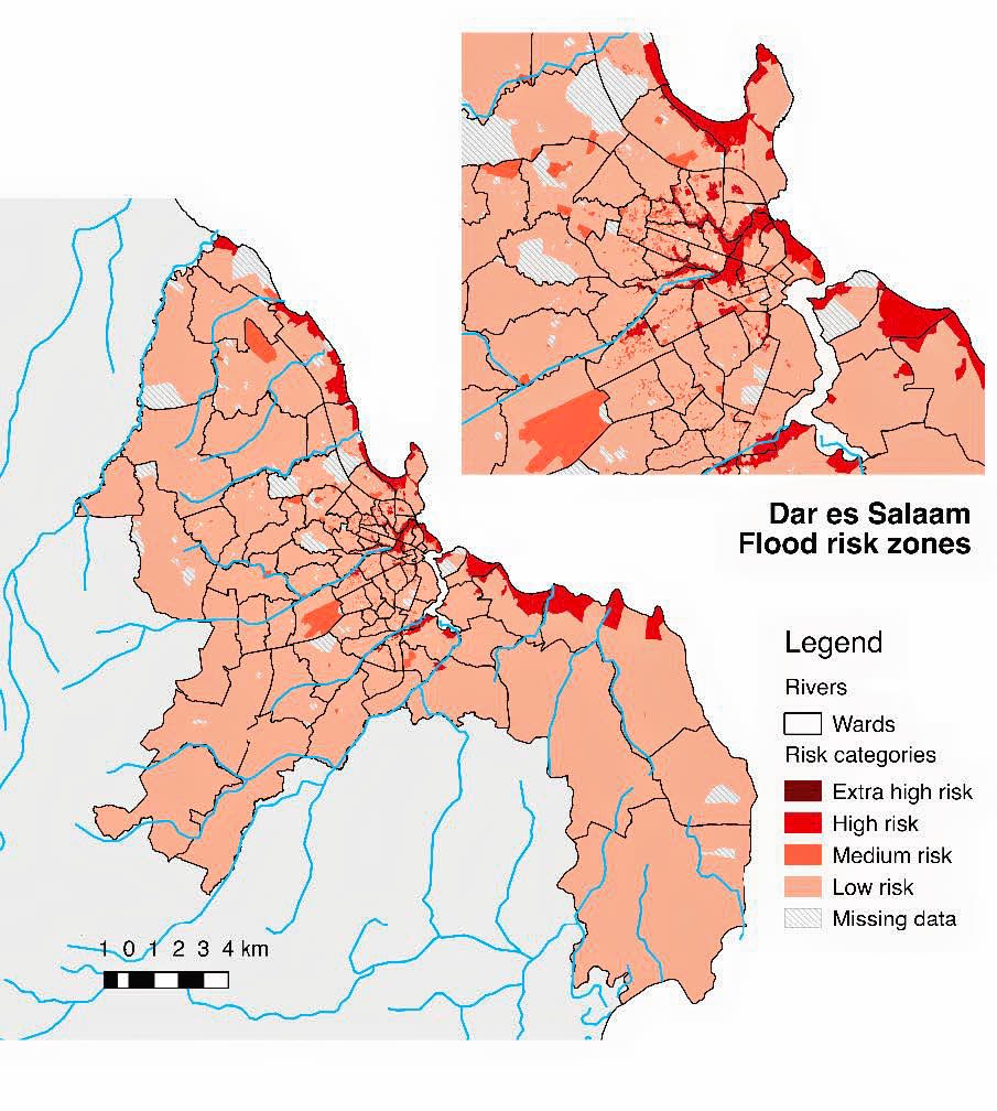 Map of Dar es Salaam with zones categorized according to flood risk categories.