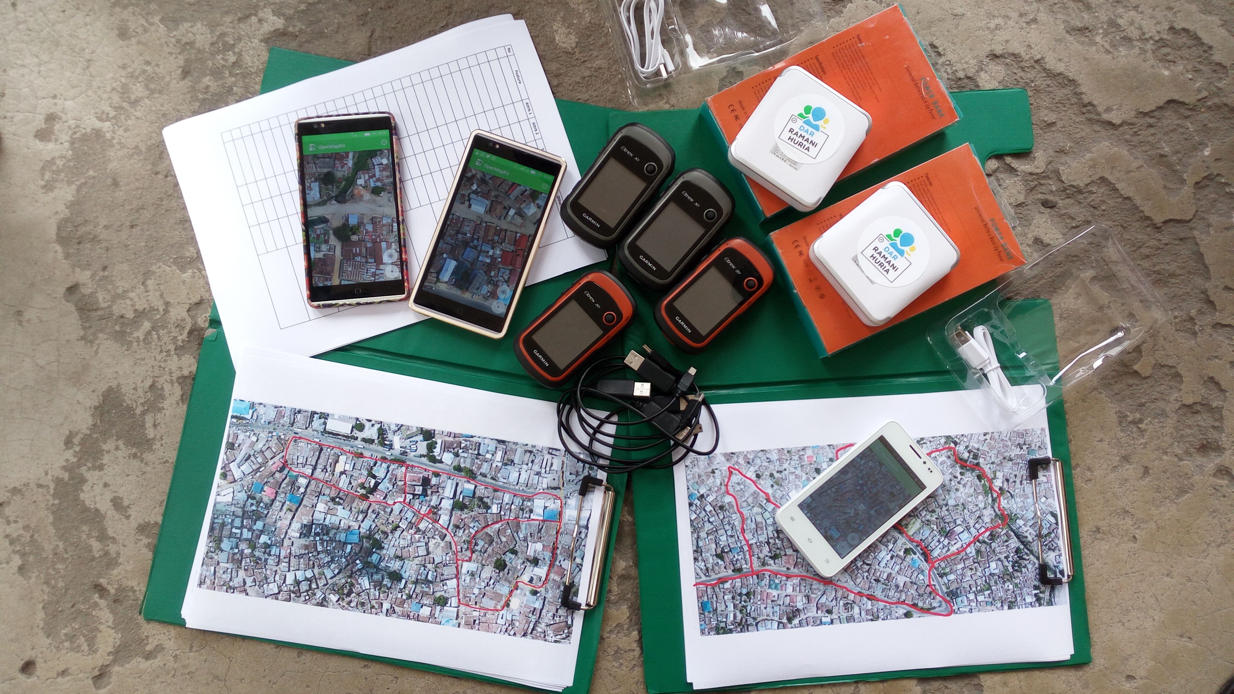 Equipment used by Ramani Huria for community mapping exercise to determine at-risk areas from flood hazards.