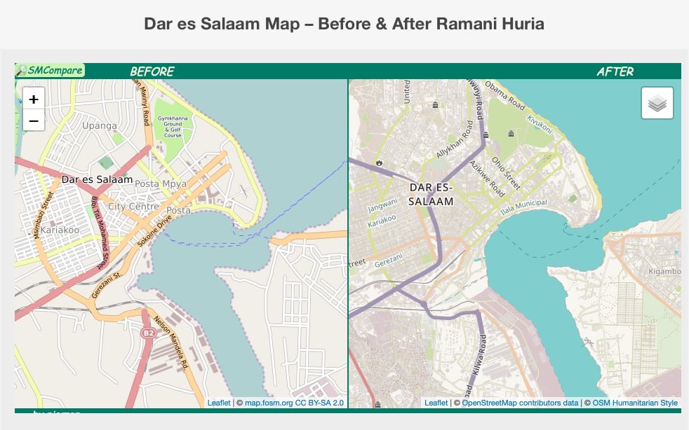 A map of Dar es Salaam before (left) and after (right) prepared by Ramani Huria, a drone mapping project done in collaboration with africanDRONE, local communities, and journalists funded by the World Bank and Tanzanian government. 